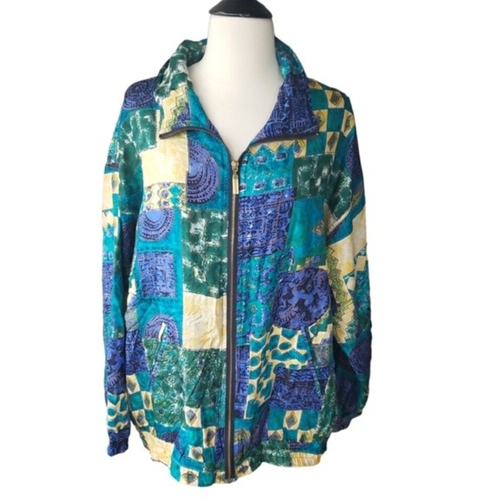 Basic Edition Windbreaker Jacket Womens L Vintage 90s Cluttercore Patchwork - Picture 2 of 9